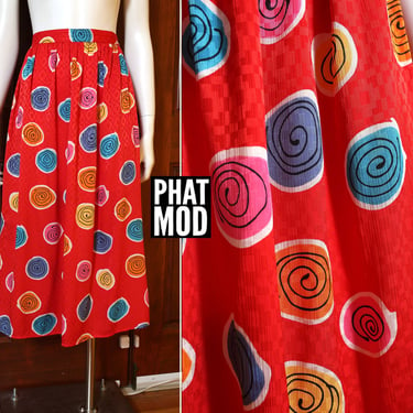 Fun Graphic Vintage 80s 90s Colorful Red Geometric Spiral Statement Skirt 