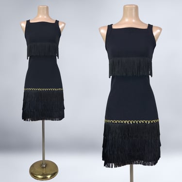 VINTAGE 80s 90s Black Fringe Flapper Mini Dress by All That Jazz Sz Medium | 1990s Square Neck retro 20's Party Costume Dress | VFG 