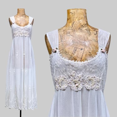 Vintage 1980s Flora Nikrooz Romantic Beaded Lace Nightgown, Luxe Ivory Bridal Honeymoon Fantasy Empire Waist Peignoir, Large, VFG 