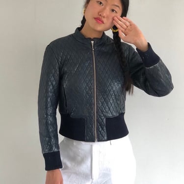 Vintage leather bomber jacket / navy blue quilted genuine soft leather moto cropped snug bomber jacket | Small 