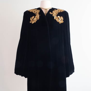 Stunning 1940's Schiaparelli Influenced Velvet Opera Coat With Gold Sequins / Medium