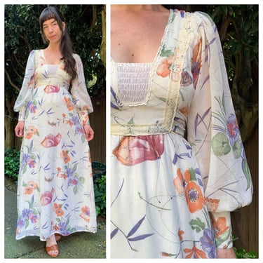 70s balloon sleeve floral and butterfly maxi dress 