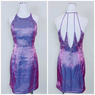 Y2K Le Gala Shimmery Purple Fairy Mini Dress / Vintage Cut Out Back Beaded Floral Prom / Party Dress / Size Large 