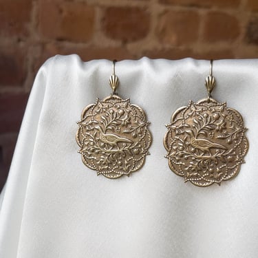 Victorian earrings, antique gold bird filigree earrings, medallion drop earrings, bohemian natural jewelry, gift for her 