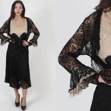 Delicate 1900s Crochet Edwardian Wedding Dress, 1920s Vintage Deco Lawn Bridal Outfit, 1910s Black Old Antique Lace Gown 