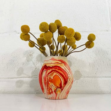 Vintage Nemadji Art Pottery Large Vase Swirl Handmade USA Flower Red Orange Swirl Mid-Century Modern White Beige 1970s 