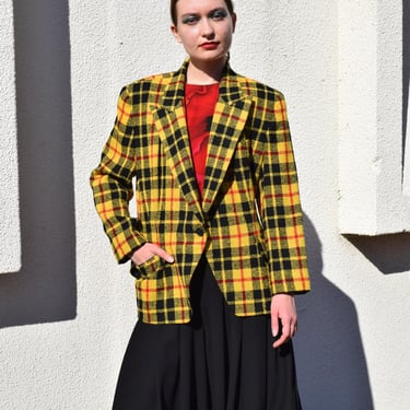 DONNA KARAN Vintage 90s Yellow Plaid Wool Blazer Jacket SZ S to Medium 