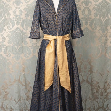 1950s Zip-Front Metallic Gold / Blue Print Lounge Dress with Gold Tie Belt 