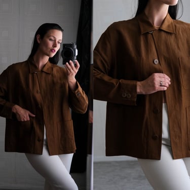 Vintage 90s Donna Karan Gold Label Chocolate Brown Linen & Silk Unstructured Chore Jacket | Linen/Silk Blend | 1990s Designer Shirt Jacket 