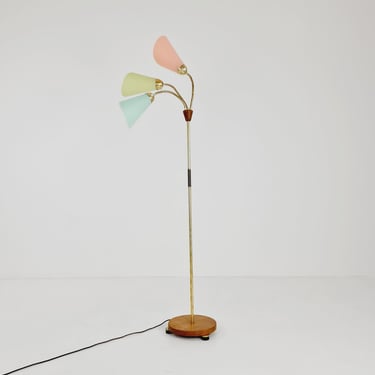 German Modern three flex arms brass & wood floor lamp, 1950s 