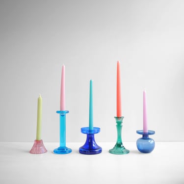 Vintage Set of 5 Colored Glass Candlesticks in Assorted Shapes and Sizes 