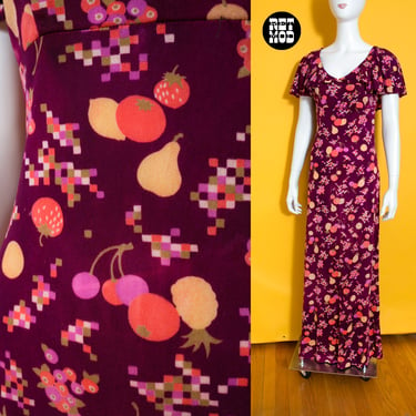 Fruity Vintage 60s 70s Novelty Pixel Fruit Maxi Dress by Lisa Ross with Ruffle Top 
