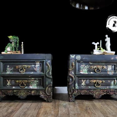 Gothic Snake & Floral Nightstands – Dark Enchanted Woodland Aesthetic – Set of 2 