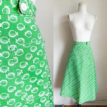 Vintage 1970s Blow Fish Novelty Print Wrap Skirt / 26" - 27" waist 