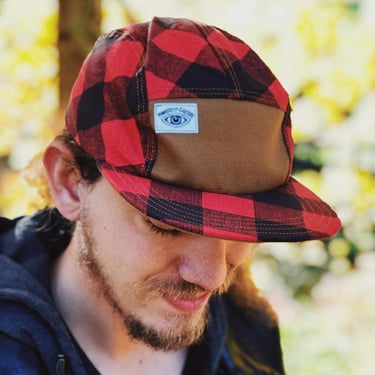 Vermont Hunter's Buffalo Check Handmade 5 Panel Camp Hat, Red and Black Plaid Baseball Cap, with Moldable Brim and Black Snap Back Closure 