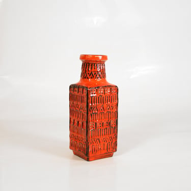 Red Vintage Bodo Mans Bay Keramik Op Art Ceramic Fat Lava Vase Retro Mid Century Modern Brutalist Modernist Vessel Rustic Folk Pottery Art 