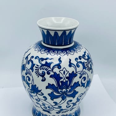 Vintage Blue and White Porcelain Vase with Hand Painted Floral Design- 8" tall-Chip Free 