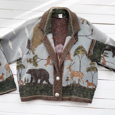 cottagecore jacket 90s vintage Painted Pony forest animal fox bear deer moose woven blanket tapestry jacket 