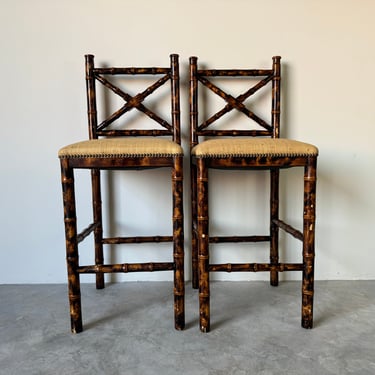 Vintage  Faux - Bamboo Burnt Tortoise Shell Finish Bar Stools - A Pair 