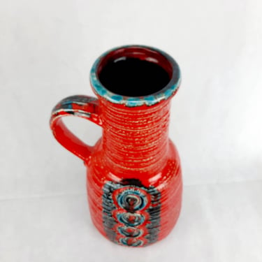 Big Ceramic Fat Lava Handled Vase, Red And Grey Cup, Mcm Ceramic Vase, Made In Germany 