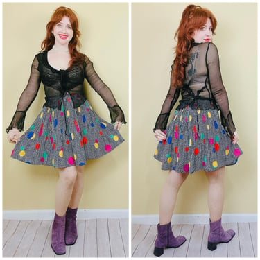 1980s Vintage Poly Pleated Polka Dot Skirt / 80s Rainbow Dot Fit and Flare Mini / Size Medium - Large 