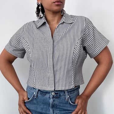 90s REWorked Black and White Striped Box Cut Crop Top | Large 