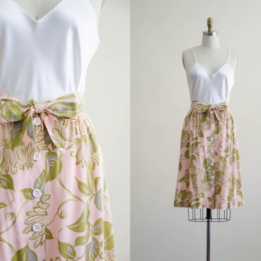 pink green floral skirt | 70s romantic cottagecore daisy sunflower tie waist knee length vintage skirt 