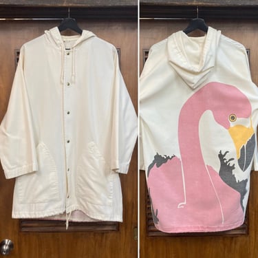 Vintage 1980’s “Michigan Rag” Pink Flamingo Back Panel Hooded Beach Jacket, 80’s Pop Art, Vintage Clothing 