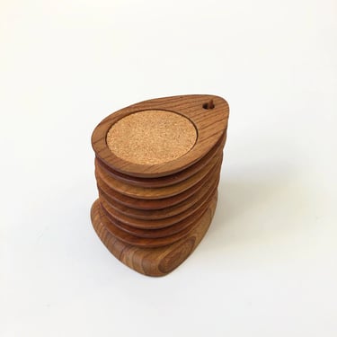 Vintage Wood Coasters / Set of 8 in Holder 