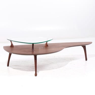 Vladimir Kagan Style Mid Century Sculptural Walnut and Glass Coffee Table - mcm 