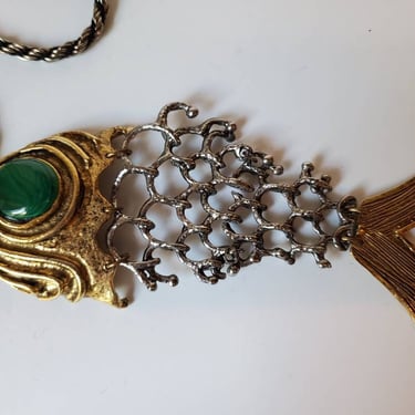 Vintage brutalist pewter and gold tone fish necklace and malachite stone by Amanda Alarcon-Hunter for Minx and Onyx 