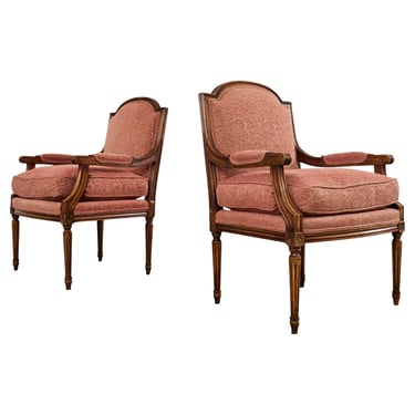 Pair of French Louis XVI Style Carved Walnut Fauteuil Armchairs