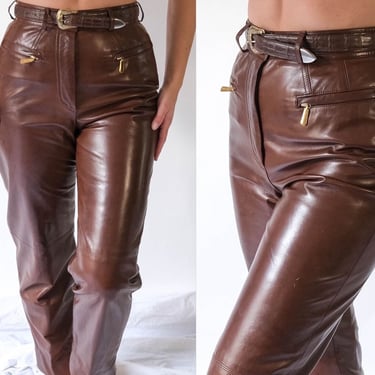 Vintage 90s Escada Chocolate Brown Tapered High Waisted Lambskin Leather Pants | 100% Genuine Leather | 1990s Designer Womens Leather Pants 
