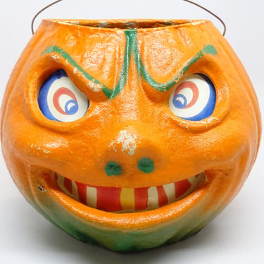 Antique Vintage 1940's Halloween 5 3/4 Inch Frowning Jack-O-Lantern with Scary Face, made with Pulp Paper Mache, Sneering JOL 