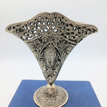 Vintage Art Nouveau Style Fan-Shaped Silver Plate Vase, Solid Filigree Style Vase, Ornate, Scroll, Victorian Home Decor 