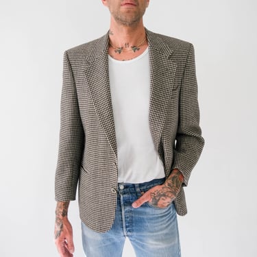 Vintage 80s Perry Ellis Portfolio Black & White Houndstooth Cropped Blazer | Made in USA | 100% Wool | 1980s Designer Tailored Mens Jacket 