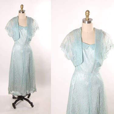 Late 1940s Early 1950s Blue Sheer Lace Wide Strap Flared Skirt Dress with Matching Open Front Cropped Lace Jacket -M 