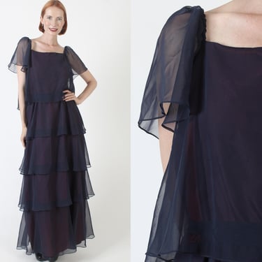 Floor Length Tiered Ruffle Dress, Long Navy Blue Chiffon Gown, Vintage 70s Plus Size Cocktail Party Outfit 