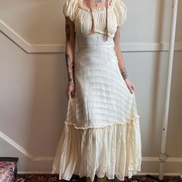 1930s Striped Silk Chiffon Cream Gown with Peasant top and Ruffles 