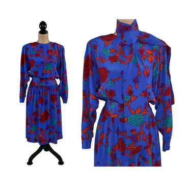 80s Silk Floral Dress Medium,  Long Sleeve Blue Print Midi Dress,  Women Vintage 1980s by NIPON BOUTIQUE 