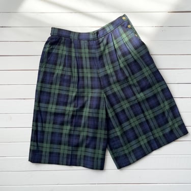 high waisted shorts 80s vintage green navy blue plaid wool shorts 