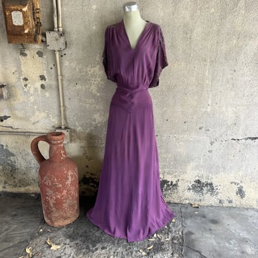Vintage 1940s Purple Crepe Dress Volup Size Beading Yellow Rhinestones Maxi