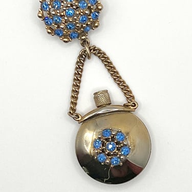 vintage 1940s gold perfume pendant brooch w/ blue rhinestones 