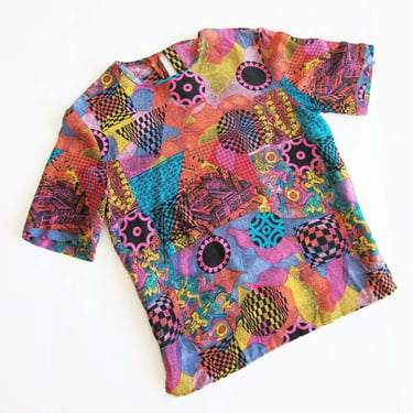 Vintage 90s 2000s  Checkerboard Rainbow Silk Shirt S M - Op Art Multicolor Blouse -  Y2k Vintage Top Colorful Tie Dye Allover Print 