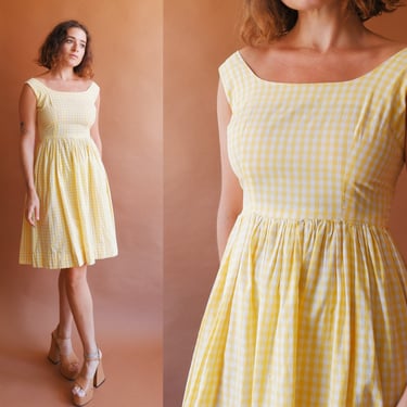 Vintage 50s Yellow Gingham Cotton Dress/ 1950s Plaid Sleeveless Summer Dress/ Size XS 26 