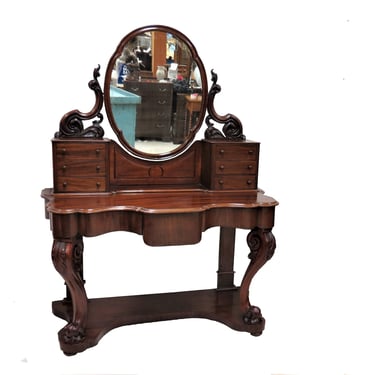 Makeup Vanity Table | Antique English Flame Mahogany Vanity With Mirror 