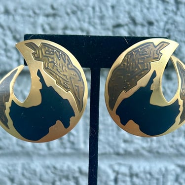 Edgar Berebi Earrings Camouflage Gold Tone Asymmetrical 80s 90s Fashion Jewelry 