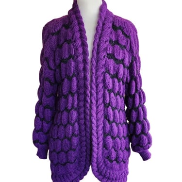 Vintage 80s Purple Sweater Cardigan Bubble Knit Oversized by Career Franklin 
