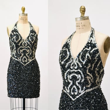 90s Y2K Vintage Black Sequin Party Dress Black Silver Sexy Sequin Halter neck party Cocktail Dress XS Small Black Club Sequin Tank Dress 