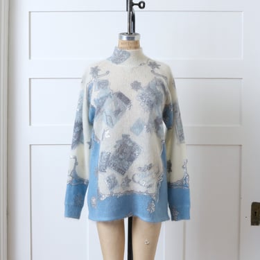 designer 1990s Blumarine Italy mohair sweater • white & baby blue fuzzy mock neck pullover 